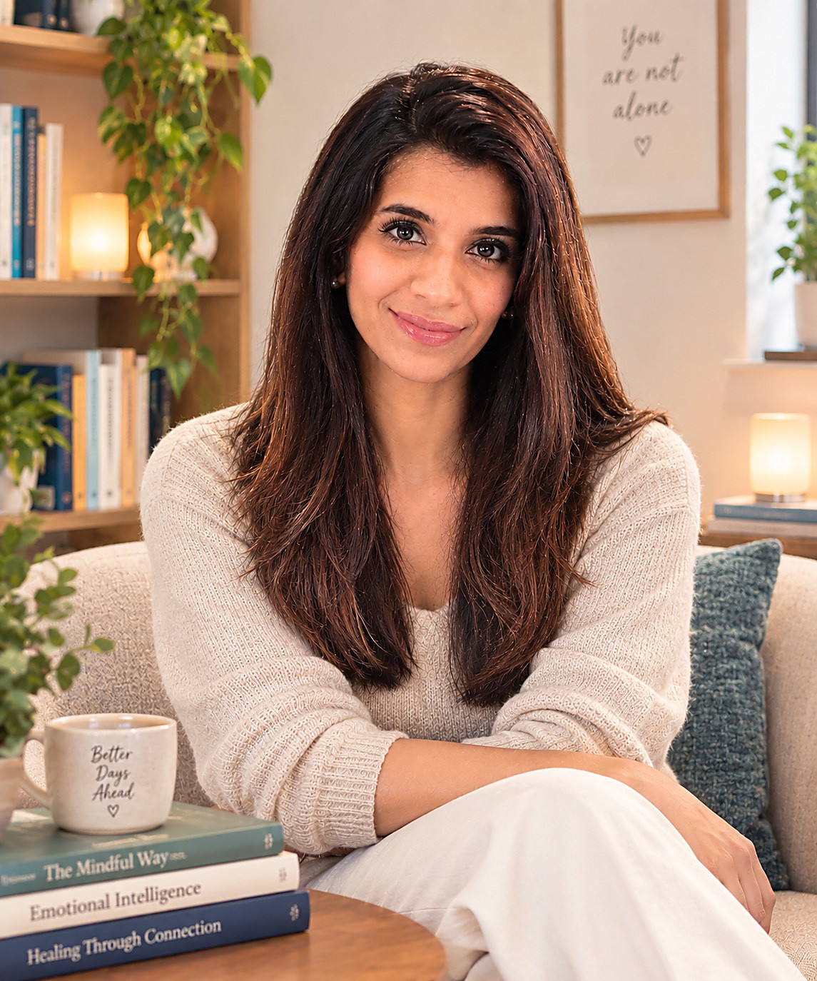 Manse M Doshi smiling, seated in a warm, plant-filled room lined with books